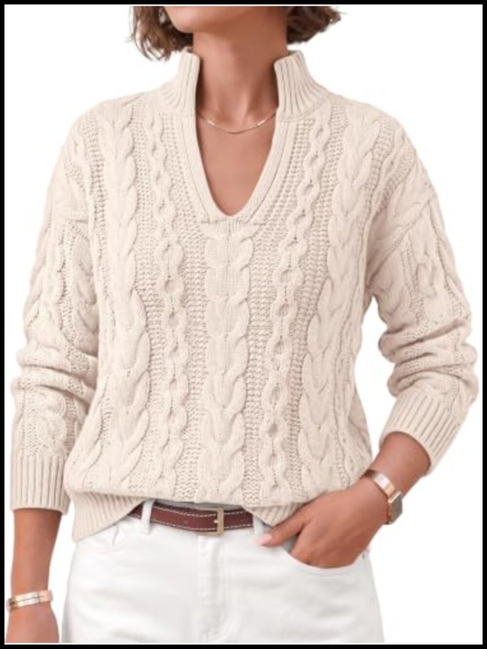 Women's Cable Knit Split Mock Neck Pullover Sweater